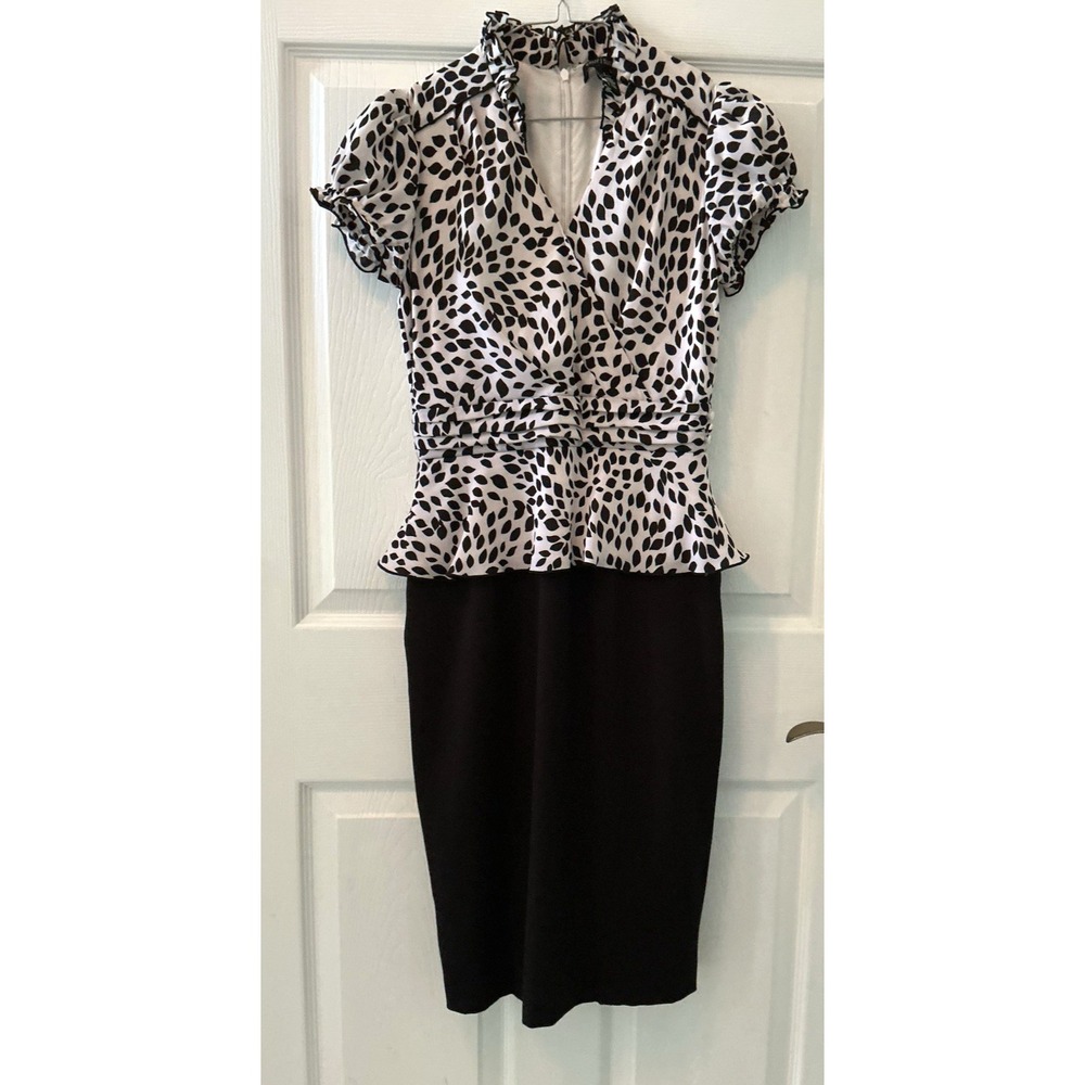 White House Black Market Dress Size 2 Black White Peplum  Lined Sheath Career